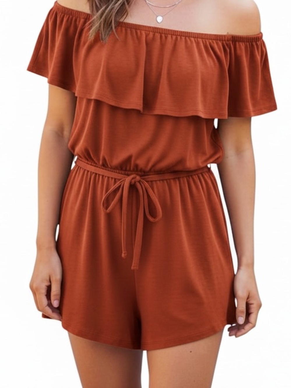 EST 1946 Terracotta Ruffle Off-The-Shoulder Romper - Boho Chic
